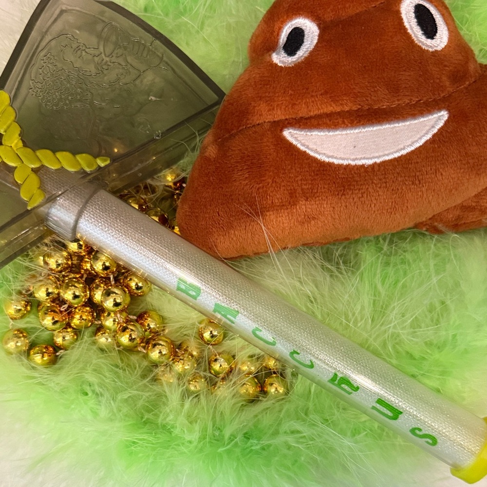 Random Mardi Gras Trows With Fun Emoji Plush and light up Bacchus Wand